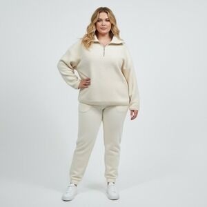 ELLE Womens Cream Sherpa Fleece Quarter Zip Pullover Sweater XL 1034003‎